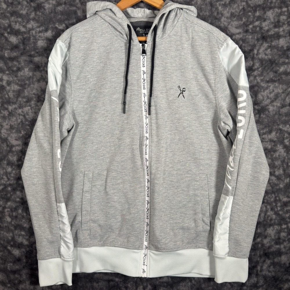 Marc Ecko Cut & Sew Full Zip Jacket Mens Size L Grey Sleeve Spell Out Hoodie